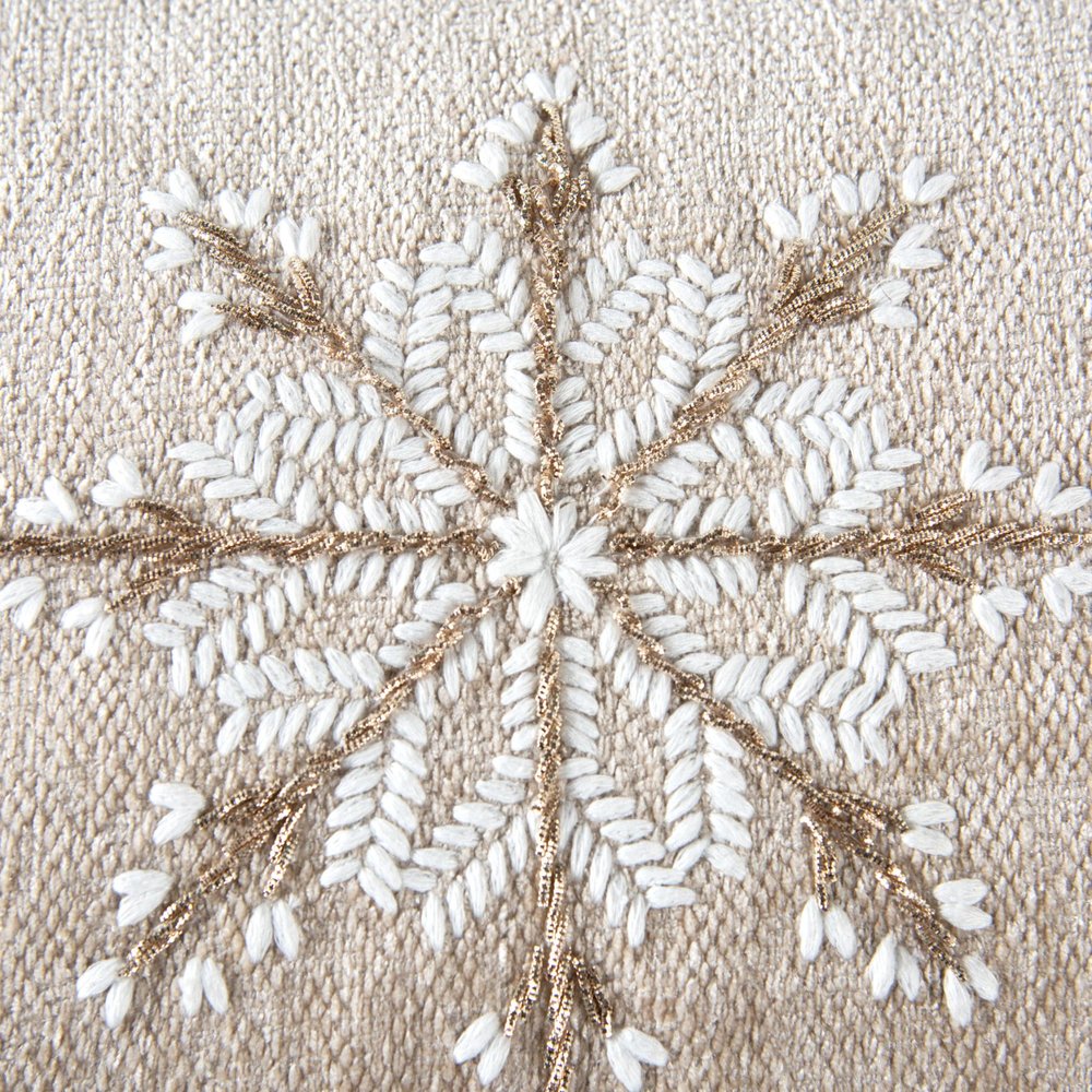 14" X 20" Beige Ivory And Gold Christmas Snowflakes Throw Pillow With Embroidery