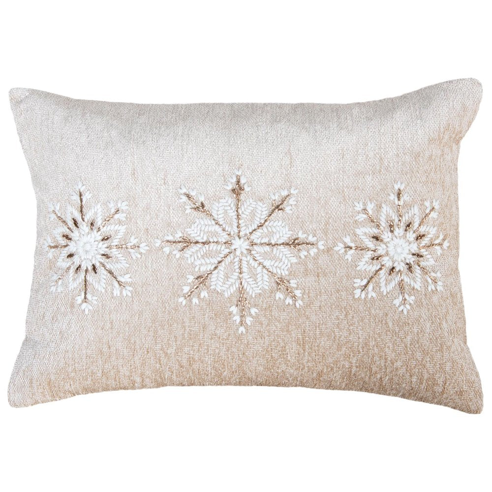 14" X 20" Beige Ivory And Gold Christmas Snowflakes Throw Pillow With Embroidery