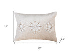 14" X 20" Beige Ivory And Gold Christmas Snowflakes Throw Pillow With Embroidery