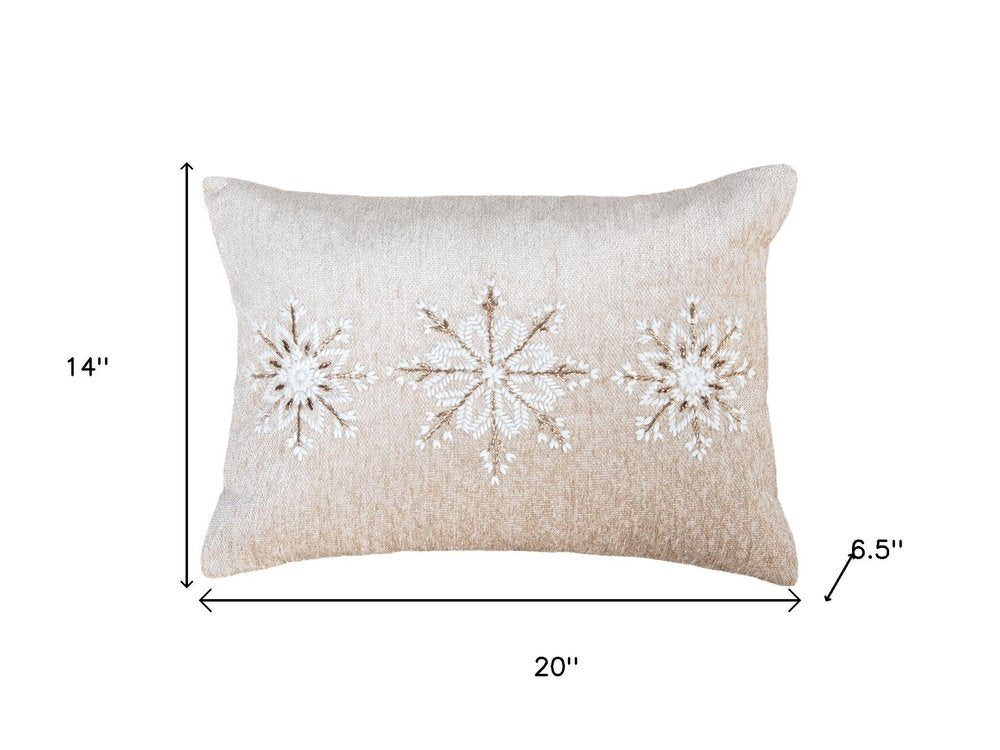 14" X 20" Beige Ivory And Gold Christmas Snowflakes Throw Pillow With Embroidery