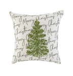 18" White And Green Cotton Merry Christmas Throw Pillow With Embroidery