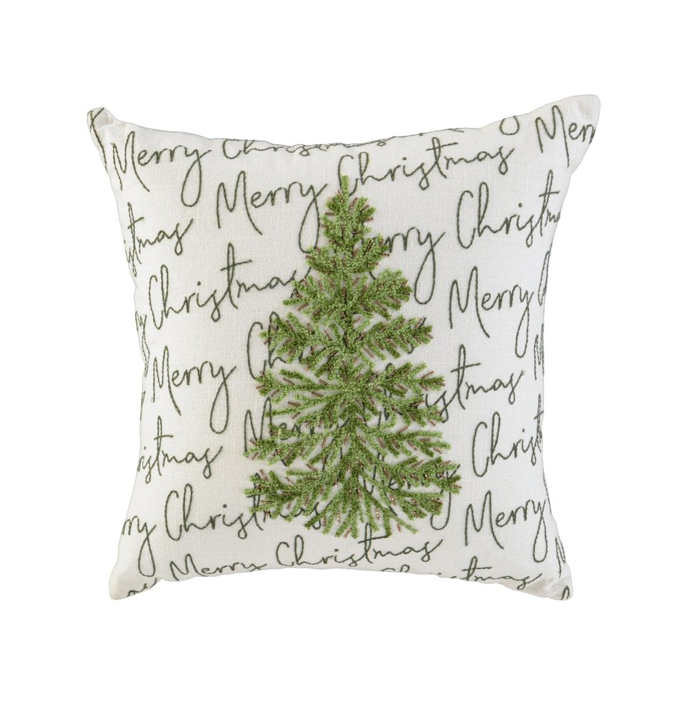 18" White And Green Cotton Merry Christmas Throw Pillow With Embroidery