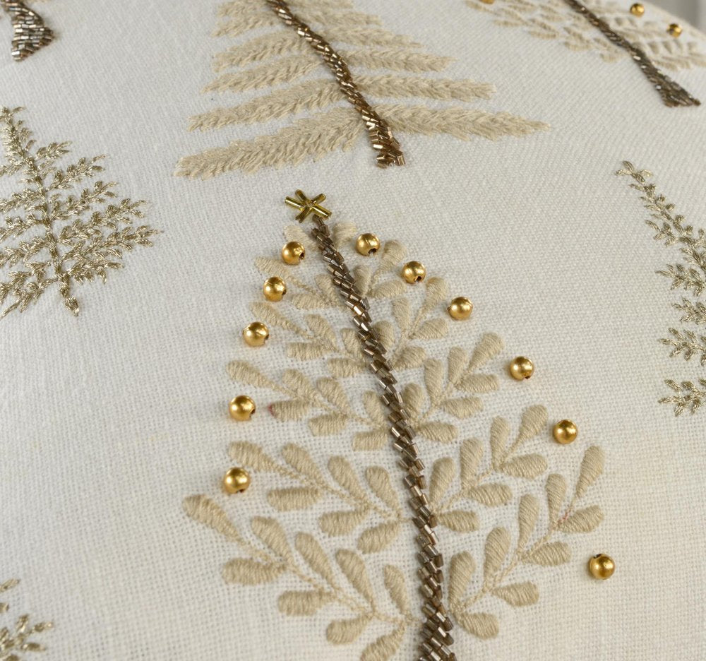 18" Natural Silver And Gold Cotton Christmas Trees Throw Pillow With Beads And Embroidery