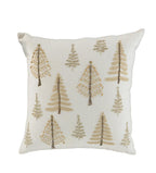 18" Natural Silver And Gold Cotton Christmas Trees Throw Pillow With Beads And Embroidery