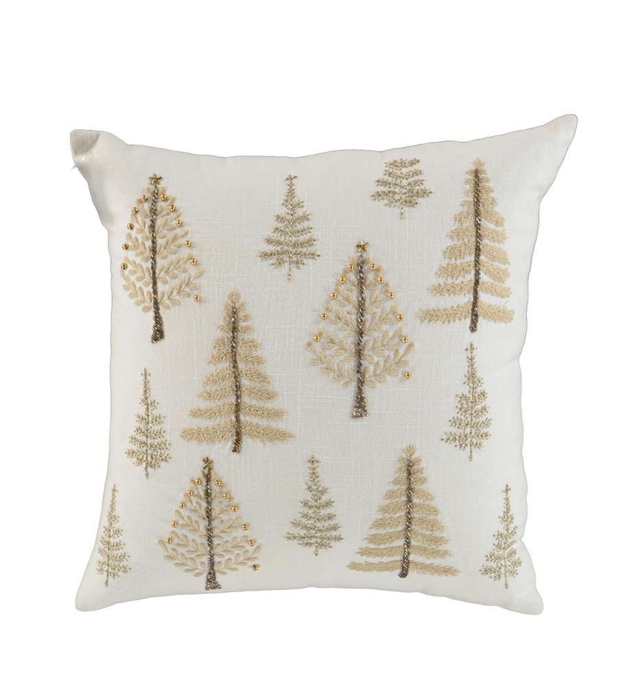 18" Natural Silver And Gold Cotton Christmas Trees Throw Pillow With Beads And Embroidery
