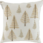 18" Natural Silver And Gold Cotton Christmas Trees Throw Pillow With Beads And Embroidery