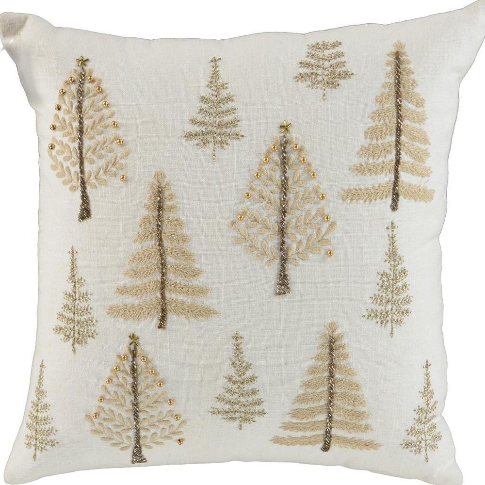 18" Natural Silver And Gold Cotton Christmas Trees Throw Pillow With Beads And Embroidery