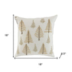 18" Natural Silver And Gold Cotton Christmas Trees Throw Pillow With Beads And Embroidery