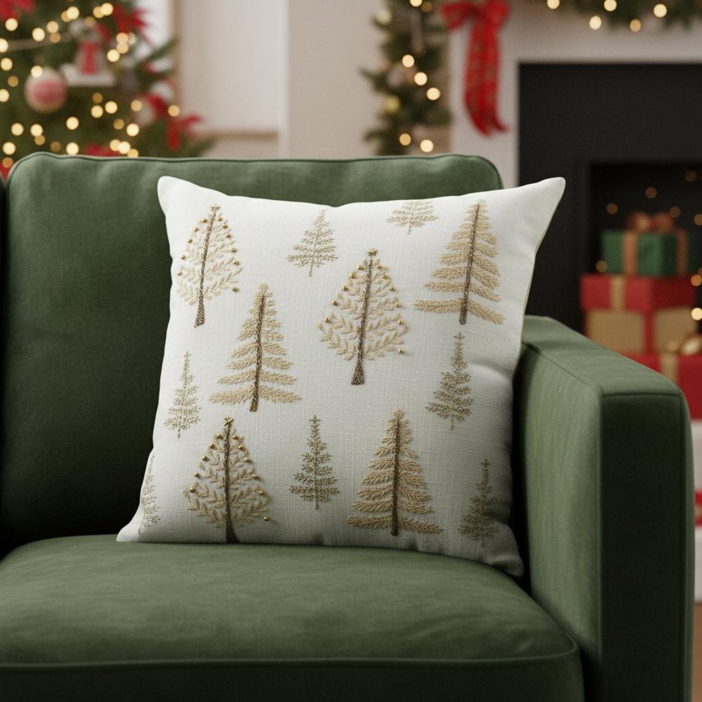 18" Natural Silver And Gold Cotton Christmas Trees Throw Pillow With Beads And Embroidery