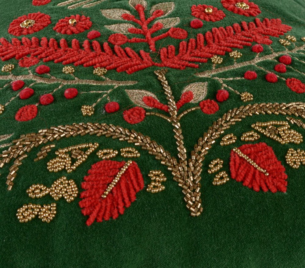 18" Green And Red Floral Velvet Cotton Christmas Tree Throw Pillow
