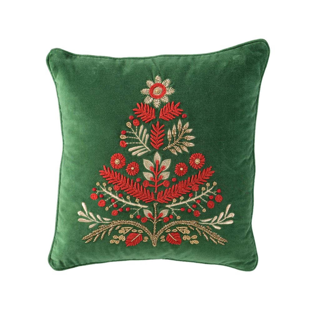18" Green And Red Floral Velvet Cotton Christmas Tree Throw Pillow