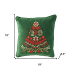 18" Green And Red Floral Velvet Cotton Christmas Tree Throw Pillow