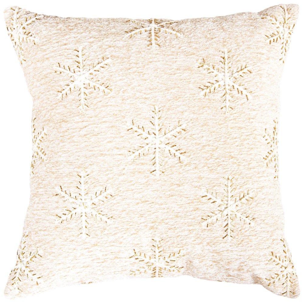 20" Natural And Gold Snowflakes Christmas Throw Pillow With Embroidery