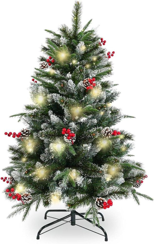 4' Green And White Pre Lit Full Flocked Pine Christmas Tree With Decorations
