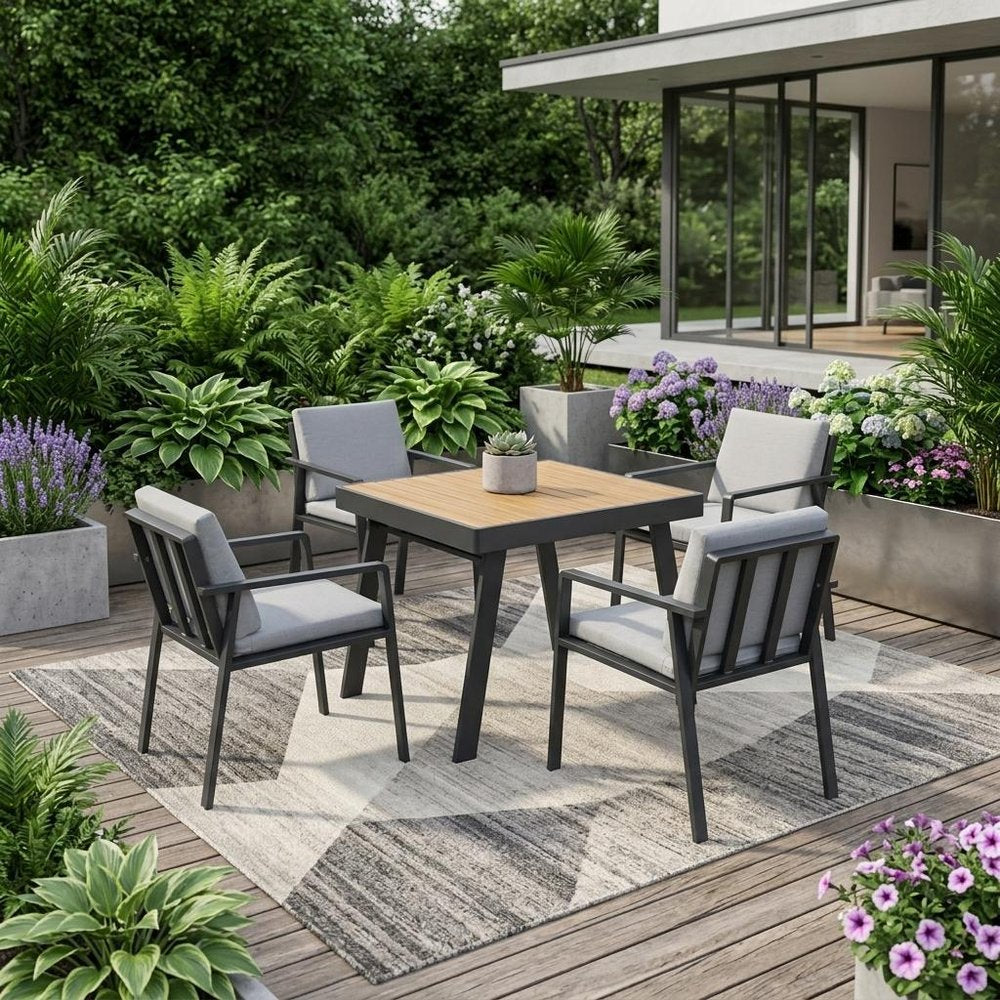 Five Piece Brown Square Metal Dining Set with Four Chairs