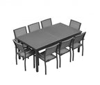 Nine Piece Black Metal Dining Set with Eight Chairs