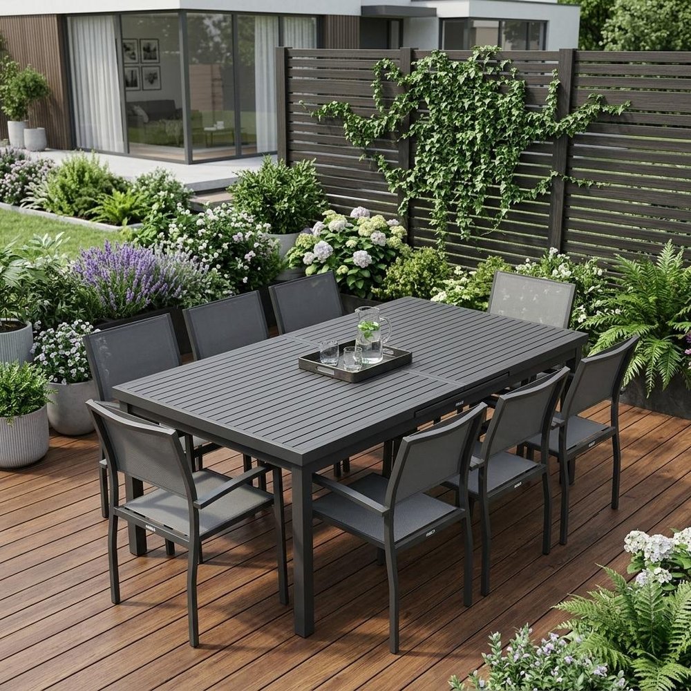 Nine Piece Black Metal Dining Set with Eight Chairs