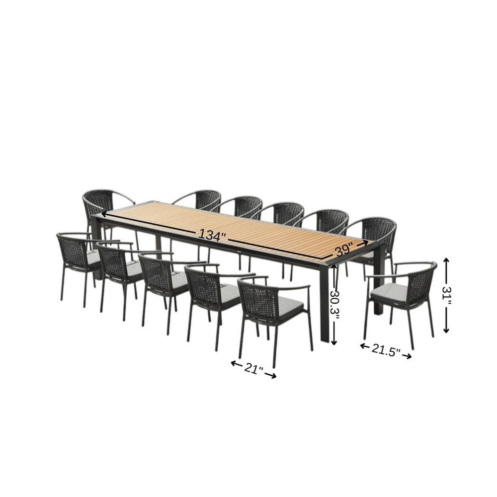 13 Piece Natural and Black Solid Wood Dining Set with Twelve Chairs