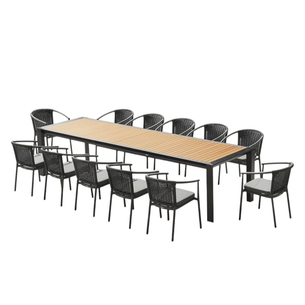 13 Piece Natural and Black Solid Wood Dining Set with Twelve Chairs