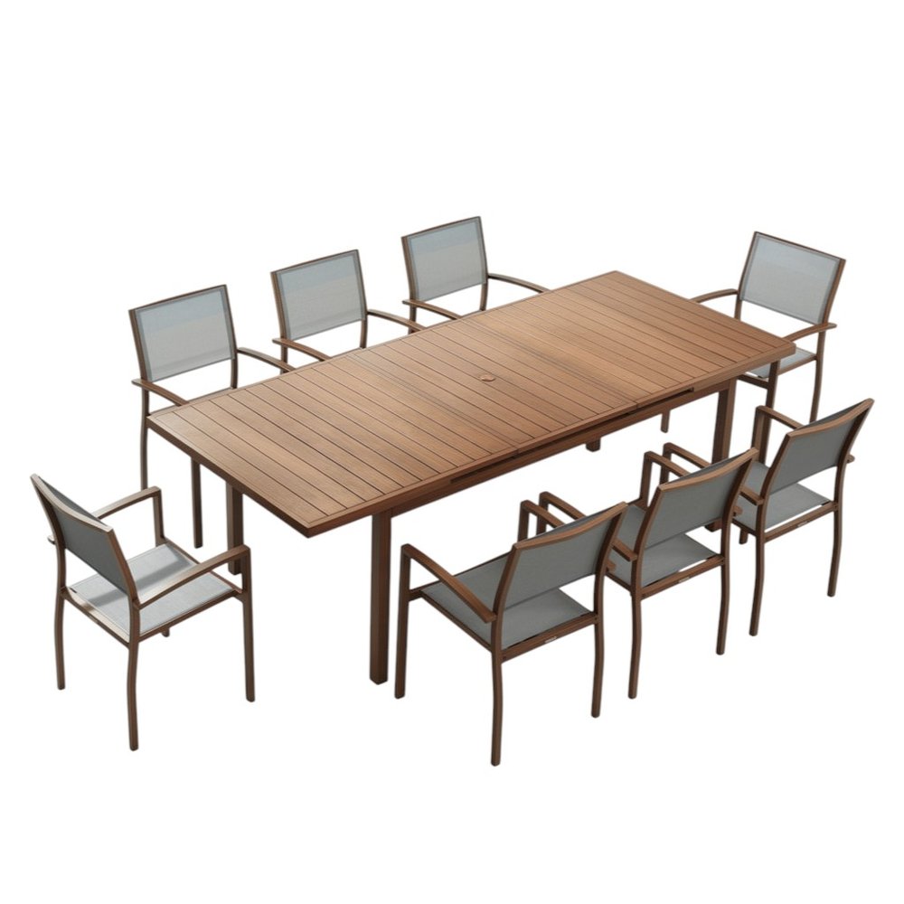 Nine Piece Brown Metal Dining Set with Eight Chairs