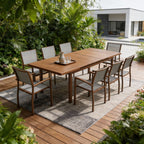 Nine Piece Brown Metal Dining Set with Eight Chairs