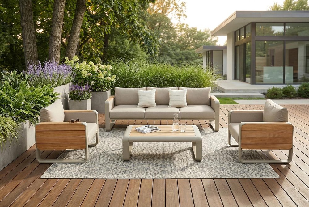 Four Piece Almond Metal Outdoor Patio Set With Table