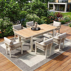 Seven Piece Light Brown and Beige Solid Wood Dining Set with Six Chairs
