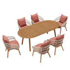 Seven Piece Brown Oval Solid Wood Dining Set with Six Chairs