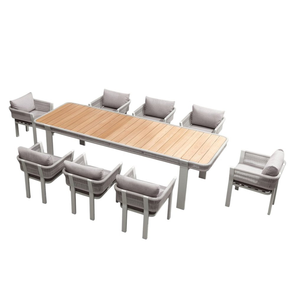 Nine Piece Light Brown and Beige Solid Wood Dining Set with Eight Chairs