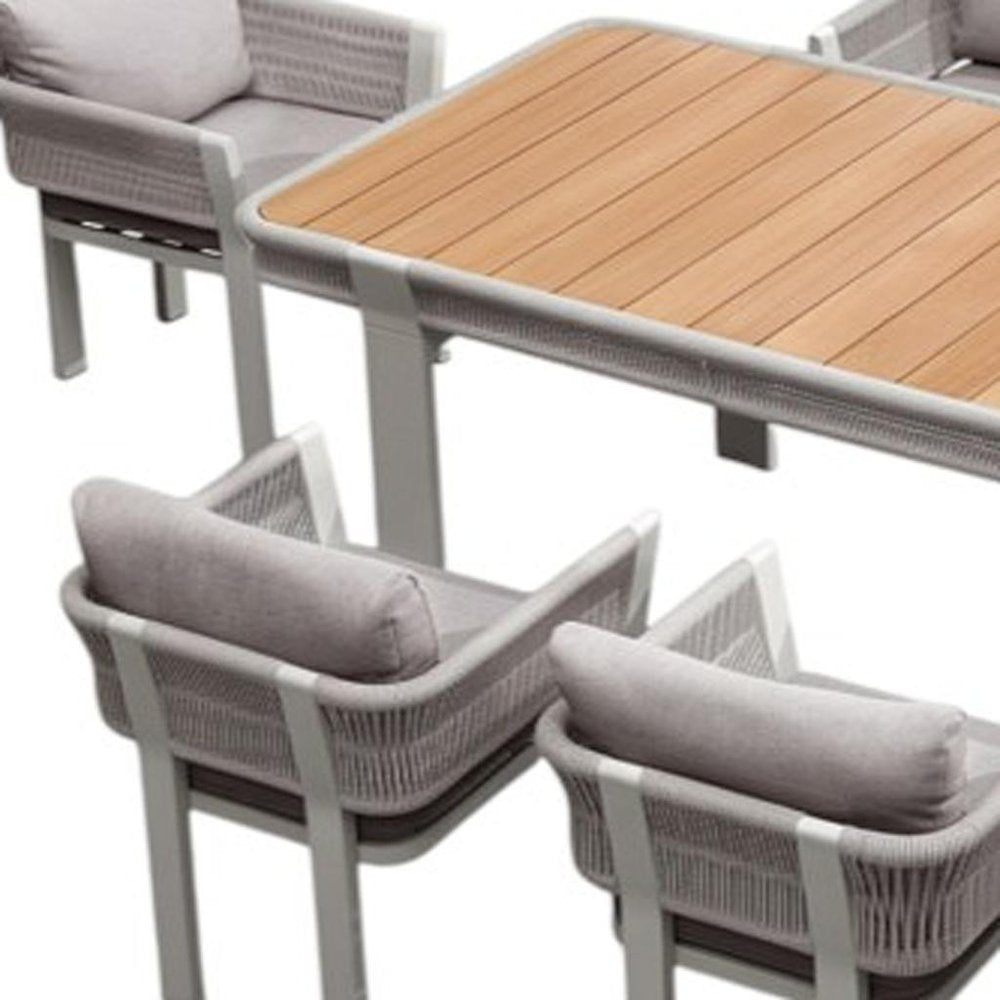 Nine Piece Light Brown and Beige Solid Wood Dining Set with Eight Chairs