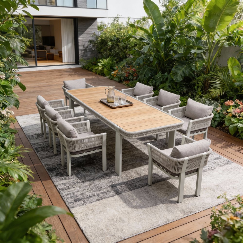 Nine Piece Light Brown and Beige Solid Wood Dining Set with Eight Chairs