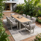 Nine Piece Light Brown and Beige Solid Wood Dining Set with Eight Chairs