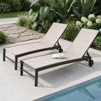 Set of Two Beige Aluminum Five Position Adjustable Outdoor Chaise Lounges