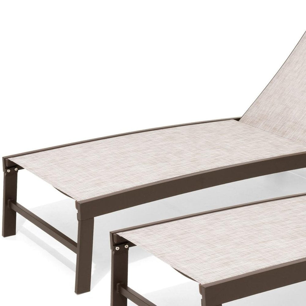 Set of Two Beige Aluminum Five Position Adjustable Outdoor Chaise Lounges