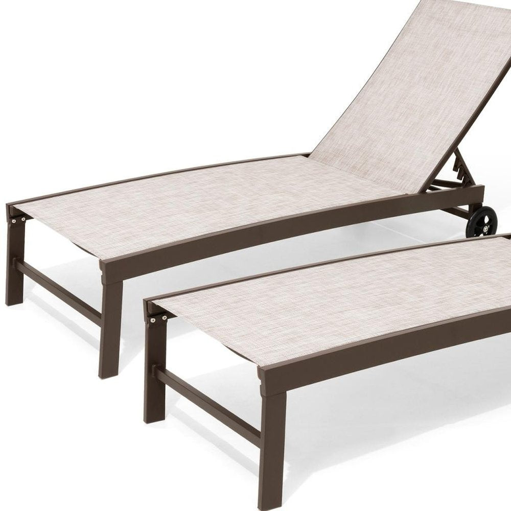 Set of Two Beige Aluminum Five Position Adjustable Outdoor Chaise Lounges