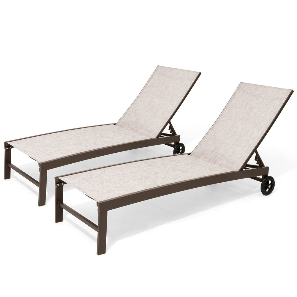 Set of Two Beige Aluminum Five Position Adjustable Outdoor Chaise Lounges