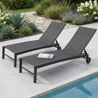 Set of Two Black Aluminum Five Position Adjustable Outdoor Chaise Lounges