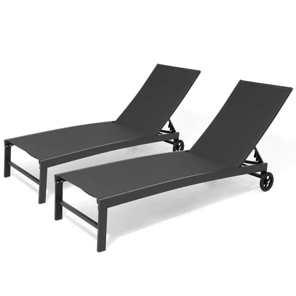 Set of Two Black Aluminum Five Position Adjustable Outdoor Chaise Lounges