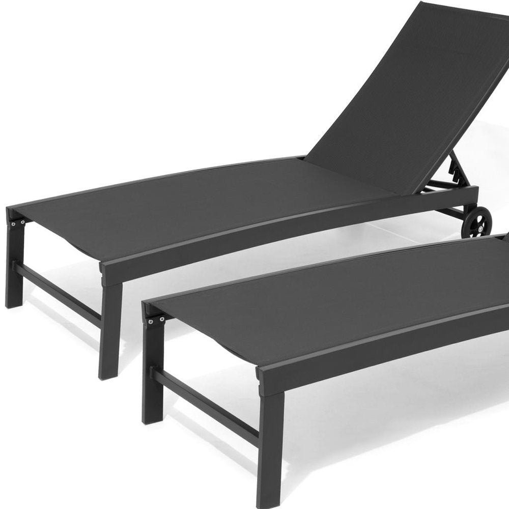 Set of Two Black Aluminum Five Position Adjustable Outdoor Chaise Lounges