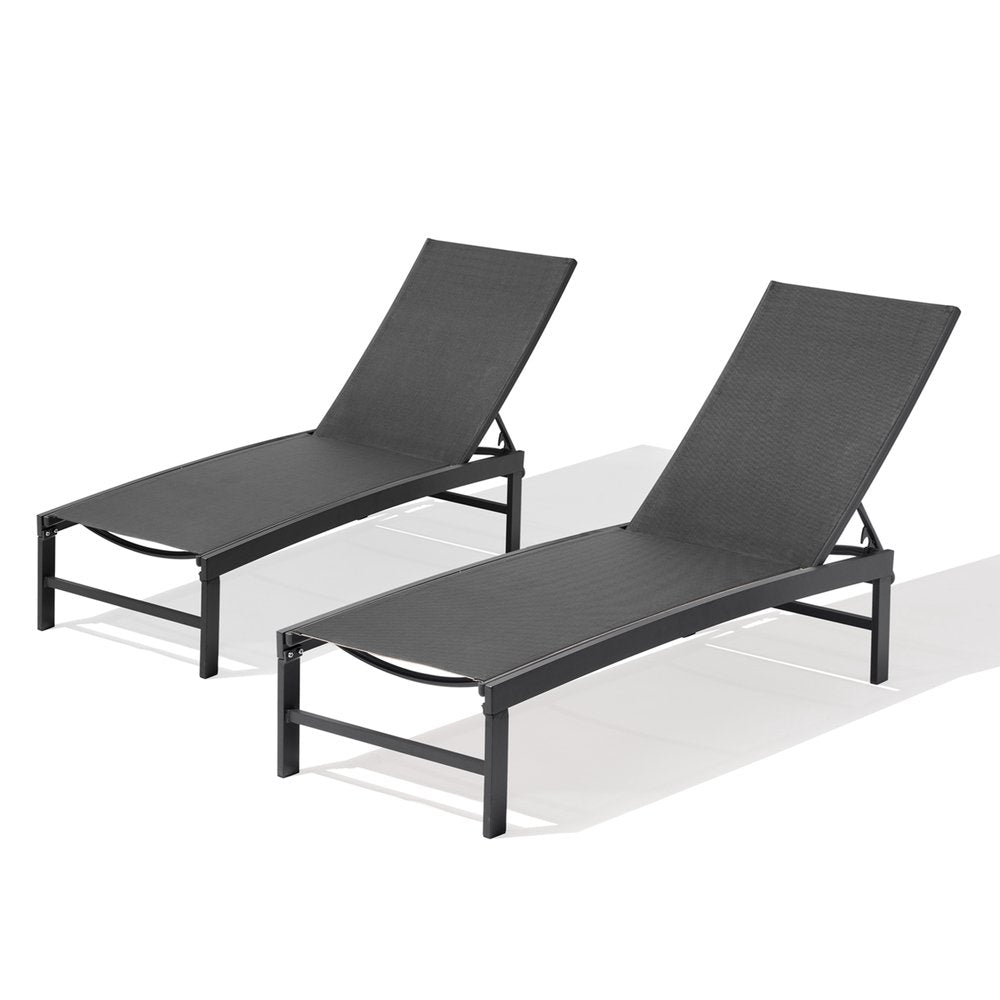 Set of Two Black Metal Five Position Adjustable Outdoor Chaise Lounges