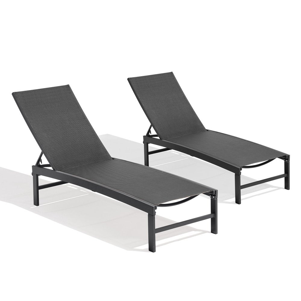Set of Two Black Metal Five Position Adjustable Outdoor Chaise Lounges