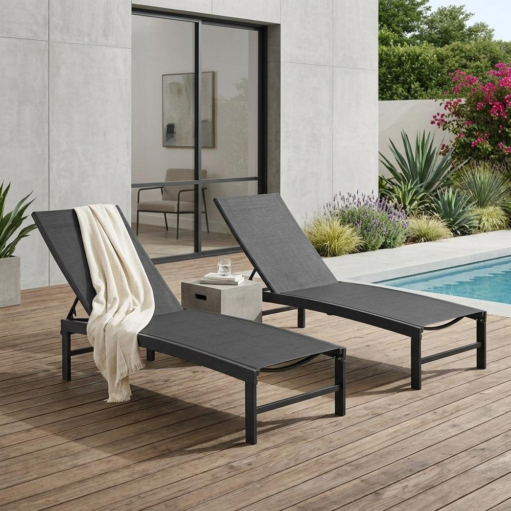 Set of Two Black Metal Five Position Adjustable Outdoor Chaise Lounges