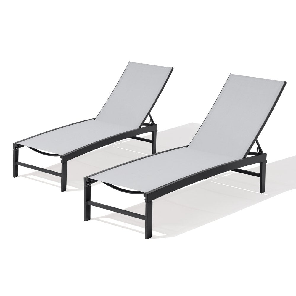 Set of Two Light Gray Aluminum Five Position Adjustable Outdoor Chaise Lounges