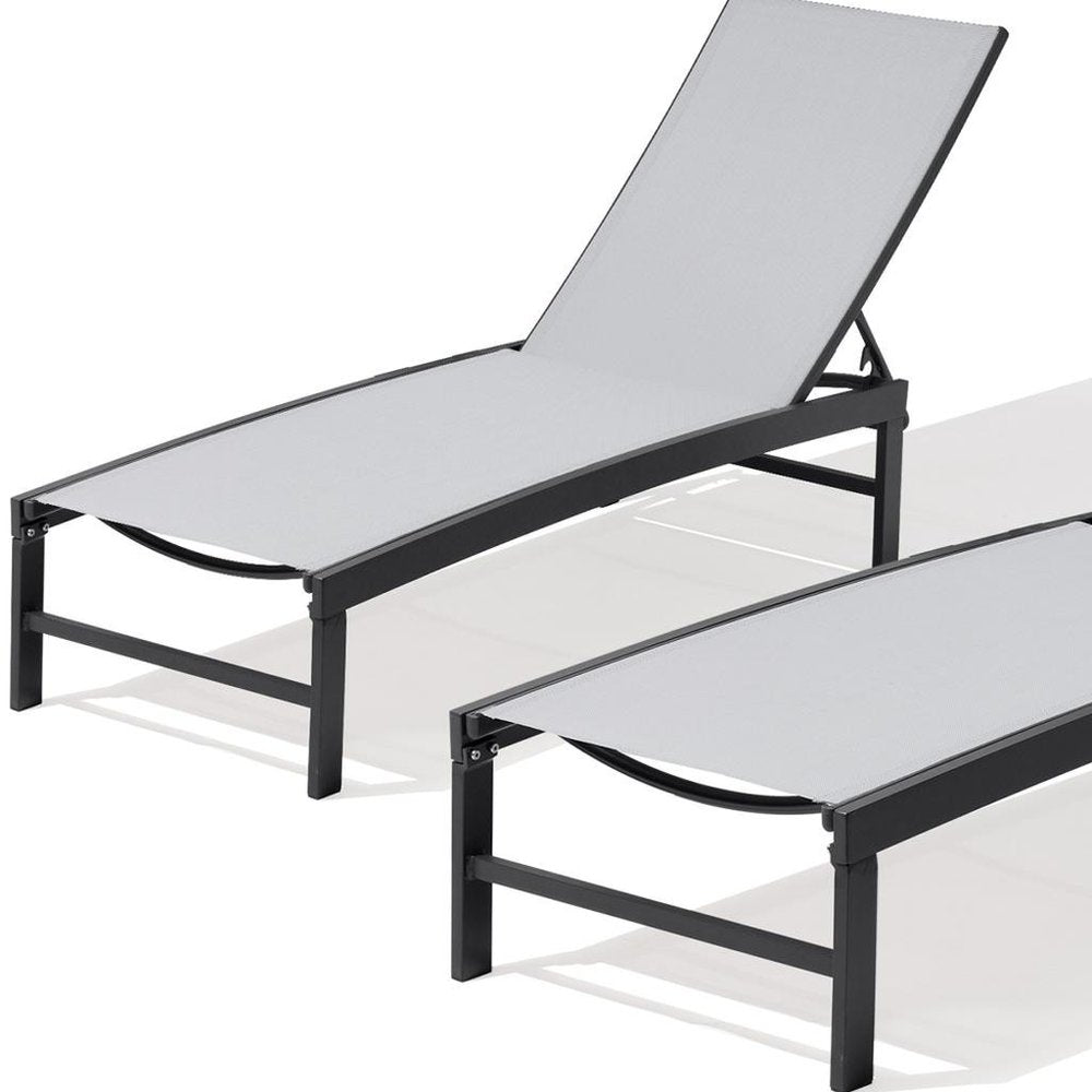 Set of Two Light Gray Aluminum Five Position Adjustable Outdoor Chaise Lounges