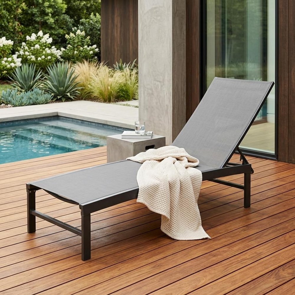 60" Black Aluminum Six Position Adjustable Outdoor Chaise Lounge