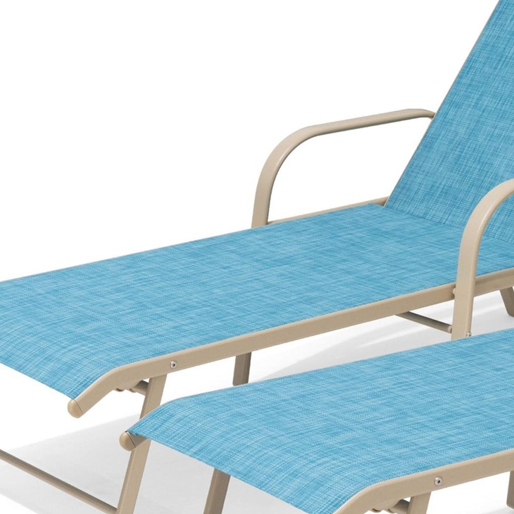 Set of Two Blue Aluminum Six Position Adjustable Outdoor Chaise Lounges