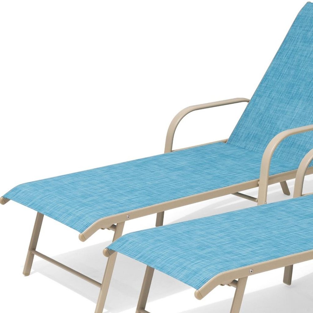 Set of Two Blue Aluminum Six Position Adjustable Outdoor Chaise Lounges