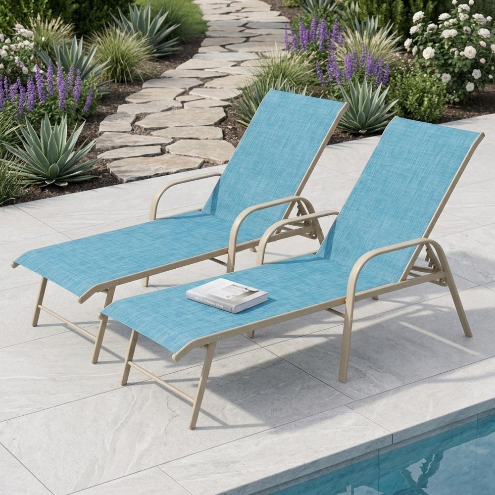 Set of Two Blue Aluminum Six Position Adjustable Outdoor Chaise Lounges