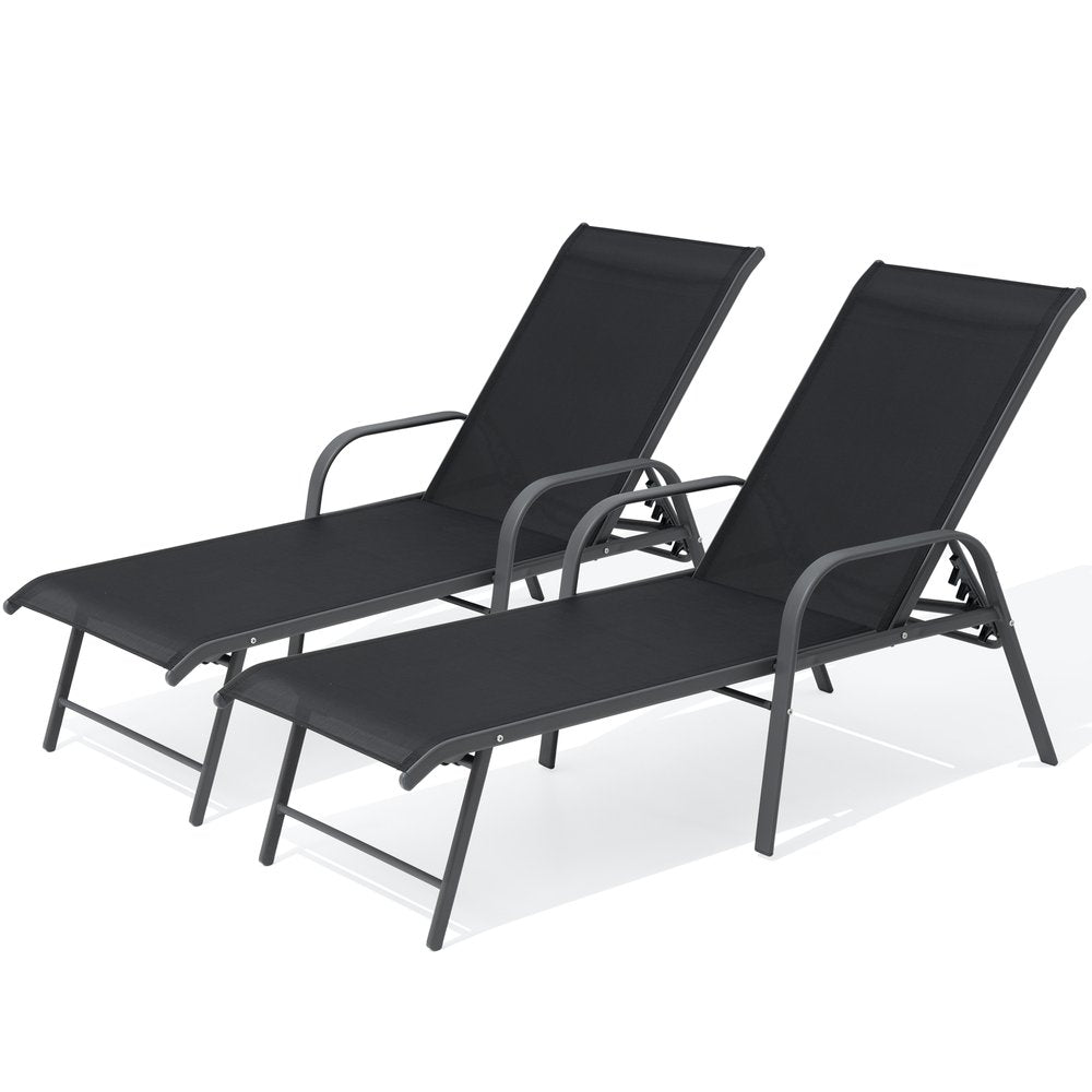 Set of Two Black Aluminum Six Position Adjustable Outdoor Chaise Lounges