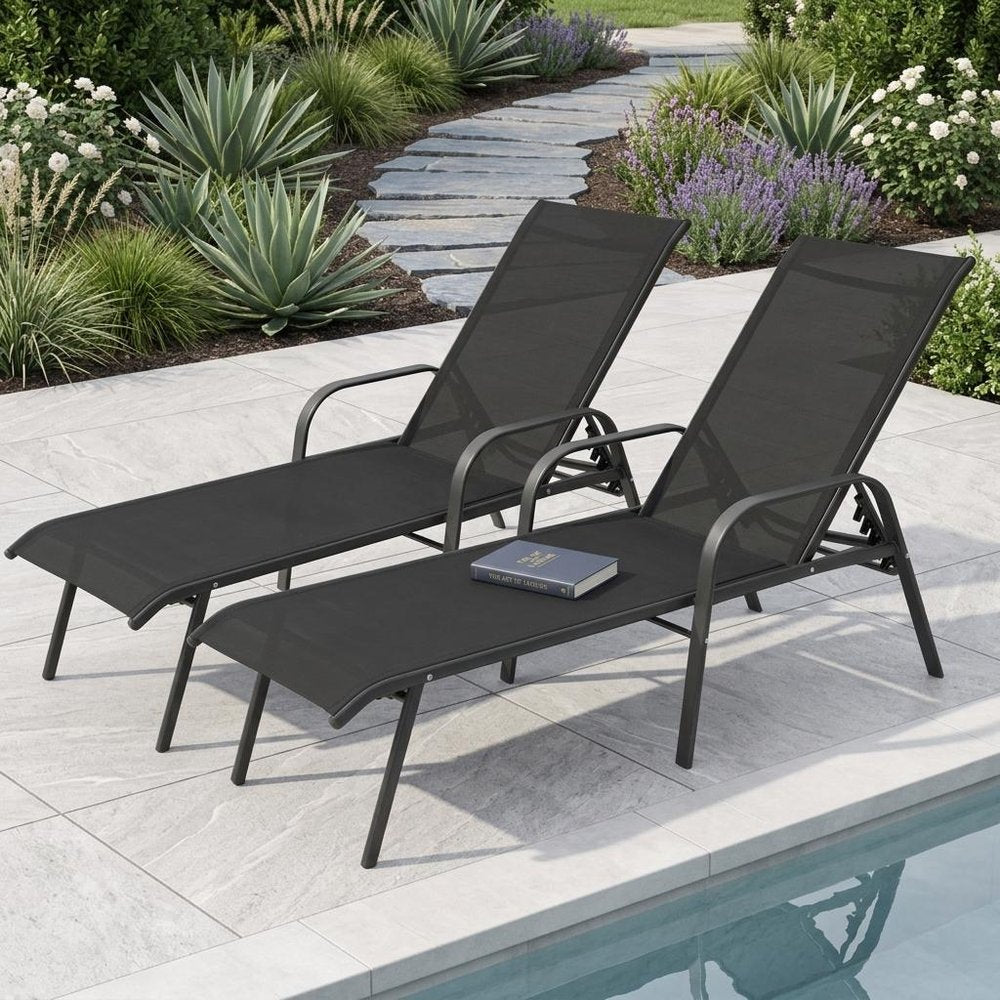 Set of Two Black Aluminum Six Position Adjustable Outdoor Chaise Lounges